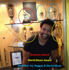 Shaggy in front of his awards